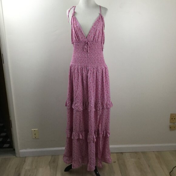 Wild Fable Floral Smocked Tiered Pink Maxi Dress m - Picture 2 of 9